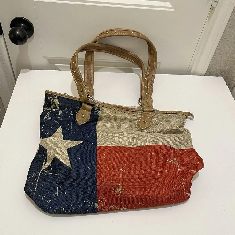 Montana West Texas Pride Painted Tote Bag Tan Studded Double Handles Western